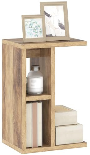 HOMCOM Tavolino a Forma di C con 3 Ripiani e 2 Scomparti Aperti, Tavolino da Salotto e Camera da Letto, Tavolino da Soggiorno Salvaspazio, 40x29.8x60 cm, Marrone