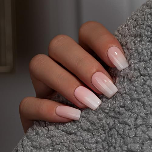 KQueenest French Press on Nails Short Medium Square, Ombre Pink False Nails Short Coffin, Glossy Natural Gradient Fake Nails with Glue, Elegant Reusable Acrylic Stick on Nail for Women Weddings 28 Pcs