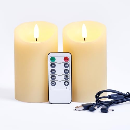 FiiMoo Wiederaufladbare LED-Kerzen 2er Set Aufladbare Kerzen mit Timerfunktion | Flammenlose Timer-Kerzen in Warmweiß | Fernbedienung Inklusive (10 cm Höhe)