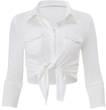Sxiwei Camicia A Maniche Lunghe per Donna con Colletto Kent Casual E Business Blusa Elegante Crop Top con Nodo Camicie da Legare Top per Feste Canottiera Bianco S