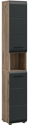 xonox.home – Hochschrank Ice 30x185x30 cm in Korpus Nox Oak Nachbildung und Front schwarz matt – holzfarbener Badschrank Hochschrank für Badezimmer – modern & platzsparend