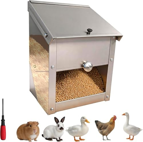 Automatischer Hühnerfutterspender Edelstahl Geflügel Futterspender Futtertrog mit Deckel Hängender Hühnerfutterspender Futterstation