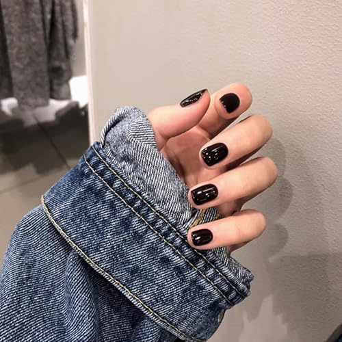 24Pcs Short Square False Nails - Press on Nail Glossy Black Pure Color - Full Cover Acrylic Stick on Nails for Women and Girls (Black)