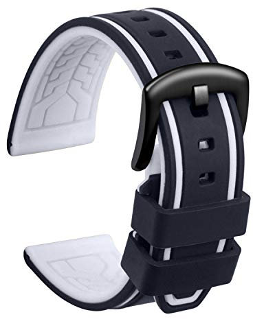 ULLCHRO Bracelet Montre Remplacer Silicone Bracelet Montre Bicolore - 20, 22, 24, 26mm Caoutchouc Montre Bracelet avec Acier Inoxydable Boucle Noir (24mm, Noir et Blanc)