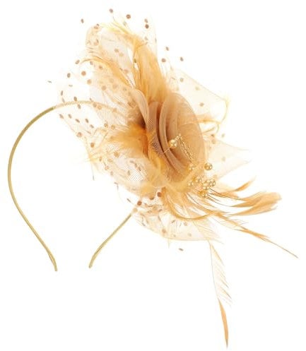 minkissy Fascinators Hat Flower Mesh Ribbons on a Headband Tea Party Headband Flower Mesh Hair Clip for Wedding Cocktail (Golden) Gold Fascinators for Weddings