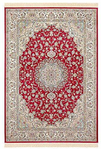 Nouristan Naveh Orient Teppich – Wohnzimmerteppich Orientalisch Kurzflor mit Fransen Vintage Orientalischer Samt-Teppich für Esszimmer, Wohnzimmer, Schlafzimmer – Rot Grün, 135x195cm