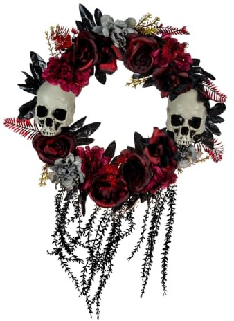 Morbider Halloween Türkranz mit vertrockneten Rosenblüten & Totenköpfen