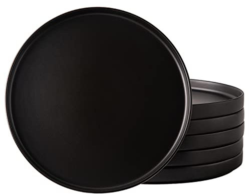 AmorArc Juego de 6 platos llanos de cerámica mate de 10.0 pulgadas para cocina, juego de vajilla plana moderna, aptos para microondas y lavavajillas, resistentes a los arañazos, negro mate