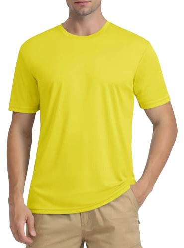 KEFITEVD Rash Guard Mens Stretchy Quick Dry Athletic Gym UPF 50+ Base Layer Running T Shirts Short Sleeve,Yellow,L