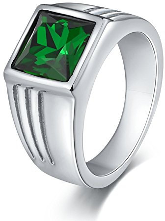 Beydodo Gothic Ring Edelstahl für Männer, Herren Ring Personalisiert Silber Quadrat Grün Zirkonia Breite 10MM Gr.54 (17.2)
