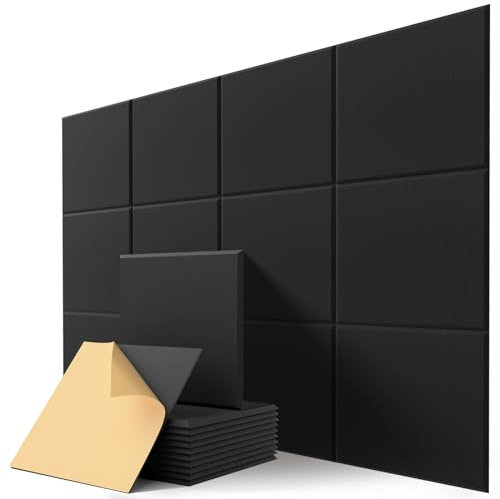 Sound Proofing Panels, Kuchoow Acoustic Panels Self-Adhesive, 12 Pack High Density Soundproofing Panels for Ceiling/Door/Wall Decoration and Acoustic Treatment (12 X 12 X 0.4) Black