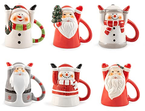 H&H Upside Down Set 6 Tazze Mug in Ceramica, cc290, Decori Natalizi Assortiti, Colorate, Allegre
