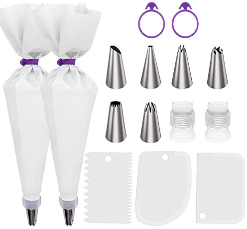 MAOYUTOU Lot de 15 poches à douille avec douilles - En silicone - Avec poches à douille - Grattoir à gâteau - Convertisseur standard - Anneaux en silicone - Accessoires de cuisson - Pour une