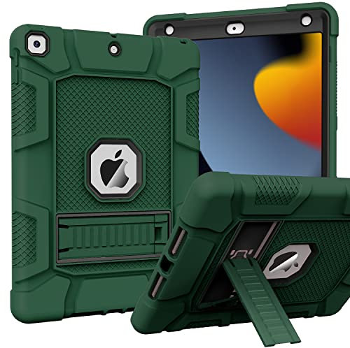 ZoneFoker Hülle für iPad 9/8/7 Generation 10,2 Zoll, für iPad 9./8./7. Generation 2021/2020/2019 10 2 Zoll, Schlank Stoßfeste Robuste Schützend Hülle mit Ständer 10.2 für Mann Kinder (DunkelGrün)