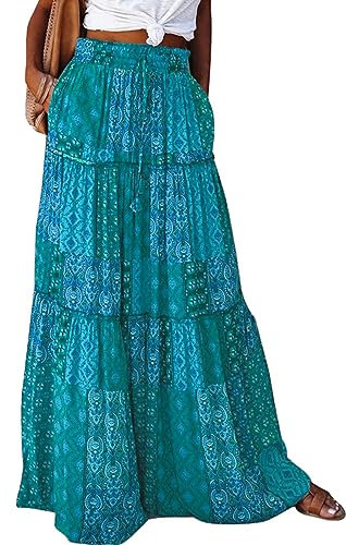Byoauo Rock Damen Lang Boho Blumen Hohe Elastische Taille mit Taschen und Gürtel Maxi Skirt Faltenrock Strandrock Freizeitrock