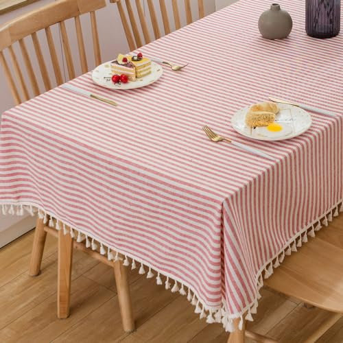 Plenmor Leinen Abwaschbare Tischdecke Baumwolle, Leinenoptik Tischdecke Abwaschbar 140x250, Table Cloth Boho Tischdecken Rot für Geburtstag, Valentinstag, Weihnachten, Küchentisch, Outdoor Tischdecken