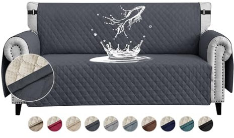 FIGOOO wasserdichte Sofabezug 3 Sitzer Dicke Sofaschoner Wasserdicht Reversible Gesteppte Sofa Überzug mit Seitentaschen Sofaüberwurf rutschfest Kratzfest für Haustiere Hunde Katzen,Dunkelgrau