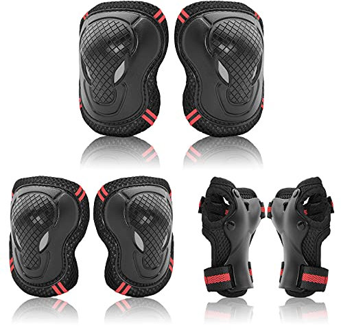 Protective Gear Set for Adult Youth, Knee Pads Elbow Pads Wrist Guards 6 in 1 for Skateboard, Rollerblade, Roller Skate, Bike, Scooter, Inline Skate, Bicycle, BMX (Red, L)