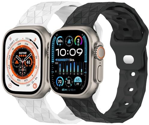 2 Pack Silicone Strap for Apple Watch Sports Band 42mm 44mm 45mm 49mm, Football Pattern Soft Silicone Replacement Strap for iWatch Ultra 2 Ultra SE 2 SE Series 9 8 7 6 5 4 3 2(Black/White)