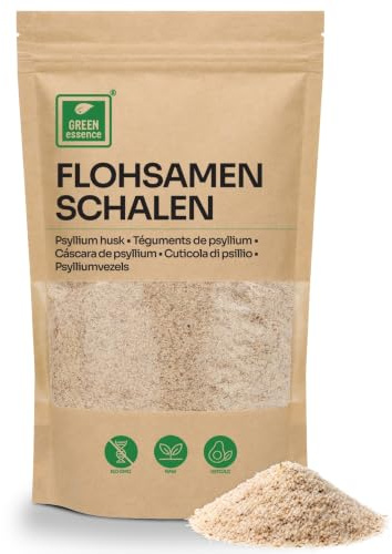 Flohsamenschalen 500g ballaststoffreich Ersatz für Mehl von Green Essence | Psylium Husk, Flohsamen Schalen ungemahlen, natürliche Ballaststoffe Pulver, aus Indien, vegan, Keto, 500 g