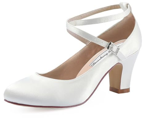 Duosheng & Elegant Brautschuhe Geschlossene Ivory Krause Riemchen Blockabsatz Pumps für Damen HC1808 Satin Hochzeit Abend Ivory Gr. 40