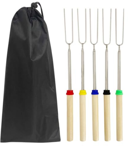 GZSYWZ Lot de 5 fourchettes de barbecue en forme de U avec poignée en bois et acier inoxydable - Fourchettes à rôtir pour hot-dog - Accessoire de camping rétractable - 81,3 cm - Couleur aléatoire