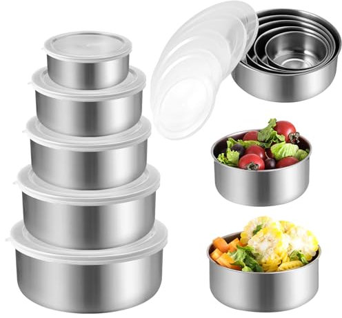 5 Piezas Bol Acero Inoxidable con Tapa Ensaladera Grande 280ml+450ml+730ml+1080ml+1580ml Mixing Bowl Set Apilable,Bowls Cocina Cuencos Aperitivos Bol Cocina para Mezclar, Ahorro de Espacio
