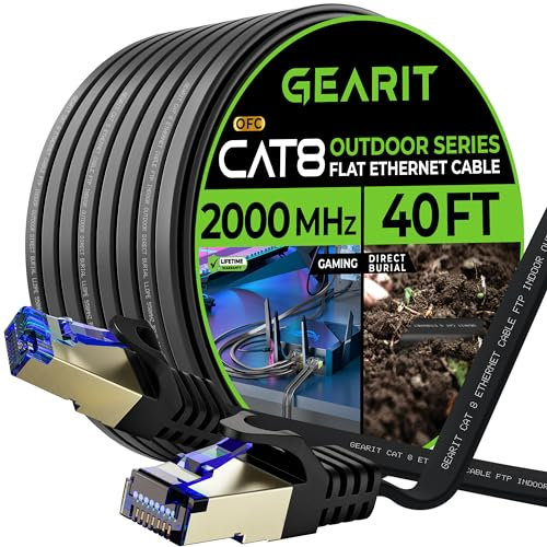 GEARit Cat 8 Outdoor Flat Ethernet Cable (40ft, Black) Direct Burial Rated LLDPE Jacket - Indoor Cat8 Shielded FTP 2000Mhz 40Gbps High Speed Gaming Computer Network RJ45 Snagless Patch Cord Internet