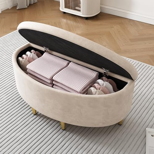 ModernLuxe Ottoman Storage Bench, Upholstered Velvet Blanket Box, End of Bed Storage Bench with Metal Legs, Footstool with Storage, Suitable for Hallway, Living Room, Bedroom, 90x40x42cm, Beige
