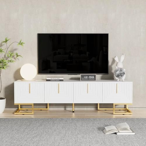 Sweiko Meuble TV bas avec portes structurées, armoire avec tiroirs, meuble TV de salon avec poignées dorées et pieds dorés (blanc, 170 x 40 x 45,5 cm)