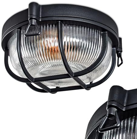 HOFSTEIN Außendeckenleuchte Godel, Außendeckenlampe aus Metall/Riffelglas in Schwarz/Klar, Deckenleuchte draussen im Industrial/Retro/Vintage-Design für Eingangsbereich, Balkon, Terrasse, E27, IP44