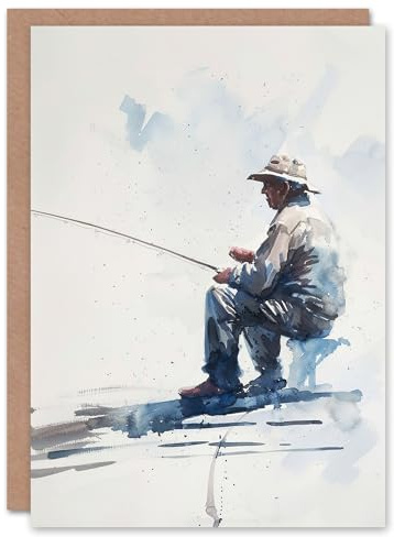 Artery8 Fisherman Rod Fishing Soft Watercolour Portrait For Him Man Birthday Card
