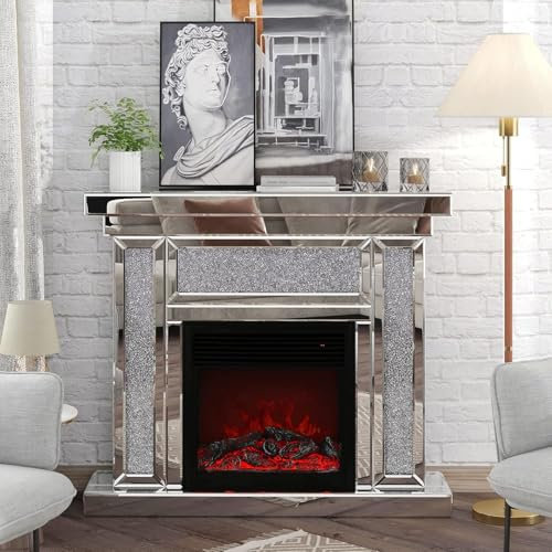 NnydbW Fireplace W 47 Inches X D 12.6 Inches X H 41.7 Inches Acrylic Diamond Mirror Mantelpiece, Separate Mantelpiece Built-in Filling: Acrylic High Imitation Drill, 1500 W Electric Heating Furnace