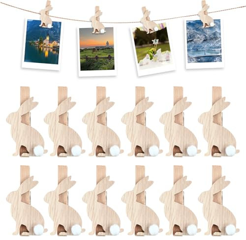 Ostern Holzklammer mit Hase,12 Stück Hase Mini Holzklammern,Ostern Holzklammern,Holzklammern Ostern,Osterhase Deko Holz, Osterdeko Clip für Deko Fotos Bilder Collagen Postkarten Geschenke (B)