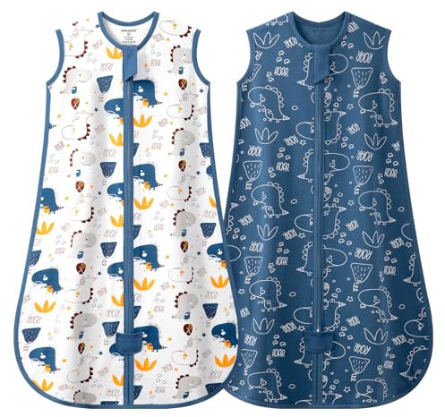 MIKAFEN Lot de 2 Gigoteuses d'été pour bébé 0,5 Tog, 100% Coton, Gigoteuse d'été pour Enfants pour garçons et Filles, Dinosaure et Bleu foncé, 24-36 Mois