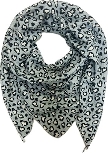 Jeamis XL Dreieck Strickschal Herz Leopard Love Frühling Schal 100% Baumwolle Made in Italy Fashion Tuch Dreieckschal Heart Stola Herbst Frühling Tuch Leo (Grau)