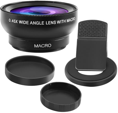 Cpolebev Fischaugen Telefon Objektiv, 0.45X Telefon mit HD Kamera Objektiv Makro Clip Objektiv Weitwinkel Objektiv für Handy Kamera