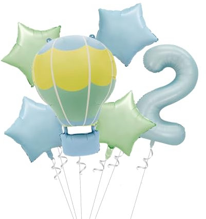 Tourima Heißluftballon 2. Geburtstag Junge,Folienballon 2 Geburtstag Junge, Heliumballons Luftballon 2. Heißluftballon mit Sternen, Pastell Mint und Blau, 6-teilig Geburtstagsdekoration