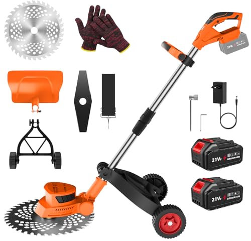 Debroussailleuse Electrique sans Fil 21V, Coupe Bordure sans Fil avec 2 x 3.0Ah Batterie et 2 Types De Lames, 650W Moteur sans Balais, roulettes Amovibles, Tige Télescopique, Affichage LED