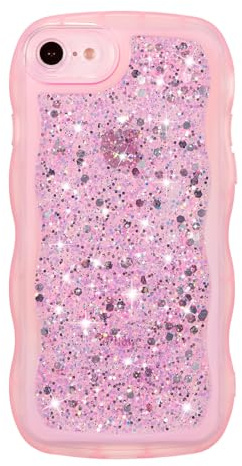 ZTOFERA Wavy Case for iPhone SE/8/7 (4.7), Cute Girly Clear Curly Wave Frame Bling Glitters Shiny Sequins Aesthetic Phone Case Soft TPU Lightweight Shockproof Bumper Protective Cover - Pink