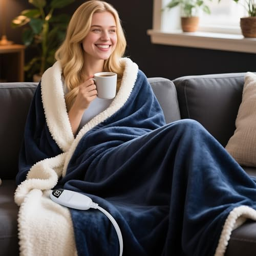 Heizdecke mit Abschaltautomatik 160 * 130cm Elektrische Wärmedecke mit 9 Zeiteinstellungen 10 Wärmeeinstellungen Überhitzungsschutz Weiche Elektrische Kuscheldecke Bett Wärme Decke Waschmaschinenfest