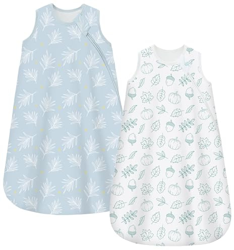 Chilsuessy Baby Schlafsack 1.5 Tog 2er Pack Ganzjahresschlafsack 100% Baumwolle Winter Babyschlafsack für Neugeborene, 1.5 Tog/Hellblau + Süße Kürbis, 67cm/0-6 Monate