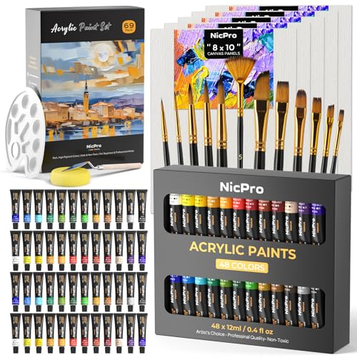 Nicpro 69PCS Acrylic Paint Canvas Set, Art Painting Supplies Kit with 48 Paints, 5 Canvas Panels,12 Brushes, Sponge, Palette, Color Wheel, Sip and Paint Kit for Artist Beginner