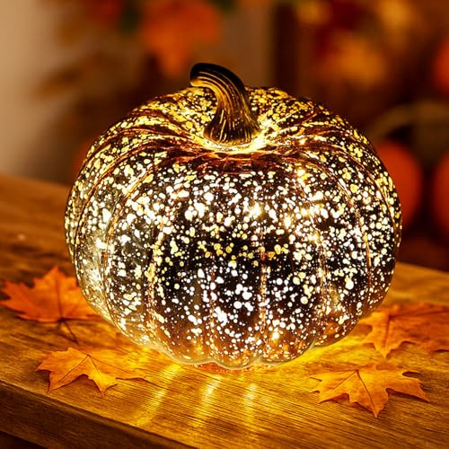 Herbstdeko Kürbis Lichter,Herbst Deko Innen Aesthetic Kürbislaterne aus Glas,Herbstdekoration Kürbis Deko mit LED Licht Herbstlicht für Partys und Zuhause Halloween Tischdekoration (Gold Orange)