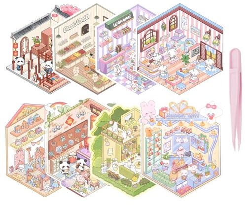 Leikedun 50 Sets Sticker Scene 3D, Miniatur Haus Stickers, Sticker Therapy, DIY Cozy Little Home House Scene Miniatur Szenen Aufkleber Geschenk für Erwachsene und Kinder Kreativer Spaß