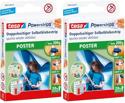 tesa Powerstrips POSTER - Doppelseitige Klebestreifen für Poster und Plakate - Selbstklebend und spurlos wieder ablösbar - Bis zu 200 g Halteleistung - 20 Stück (Packung mit 2)
