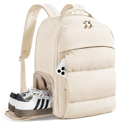 bagsmart 30L Reiserucksack für Damen, Handgepäck Rucksack für Flugzeuge, Turnrucksack mit Schuhfach, leichte Reisetasche für 15,6 Zoll, wasserabweisend, Beige