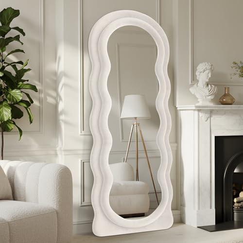 Reflix Miroir ondulé irrégulier, 160 x 60 cm, grand miroir sur pied, avec cadre en bois recouvert de flanelle, à suspendre/adosser, pour salle d'amis/chambre/salon, blanc ivoire