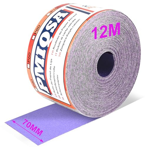 PMIQSA 12m Sandpaper Roll 120 Grit Hook and Loop Sanding Paper | Paper for Sanding Wood Paint Plaster Filler Metal and More 70mm Wide Sandpaper Compatible with Machine Sanders & Hand Sanders
