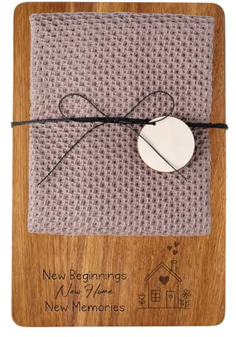 Xuniea Einweihungsgeschenk, New Beginnings New Home | 23 x 15 cm Holz Frühstücksbrett, Baumwolle Küchentuch, Neues Zuhause Geschenk zum Einzug, Wohnung Geschenk, Richtfestgeschenk